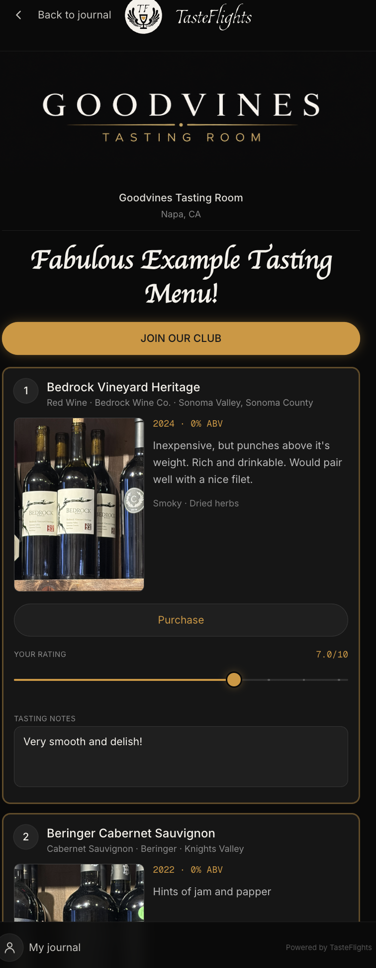 Sample TasteFlights tasting menu on a phone, with branded banner, club button, and beverage rating cards