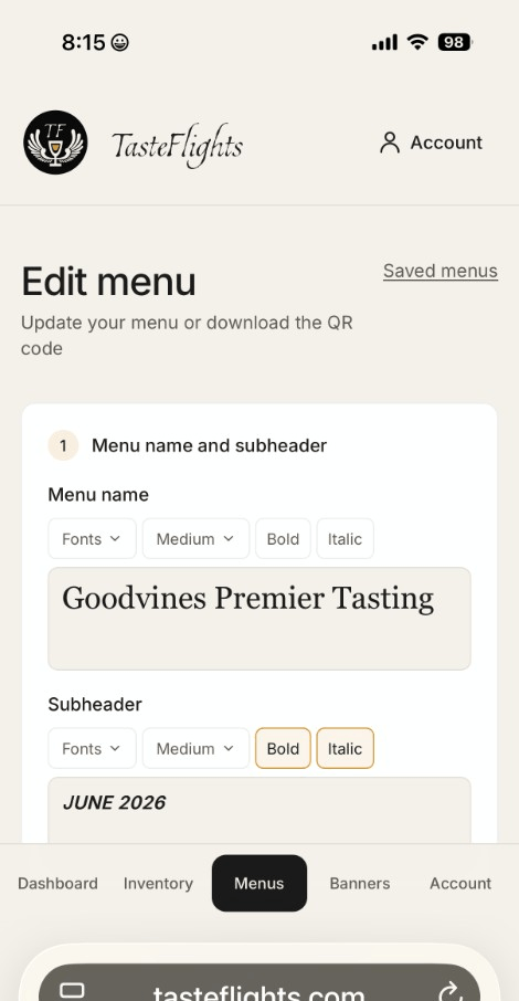 Mobile menu builder for editing menu name, subheader, and formatting