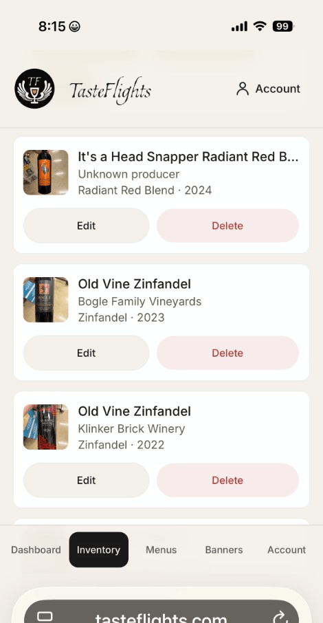 Mobile inventory list showing beverage cards with label photos and edit actions
