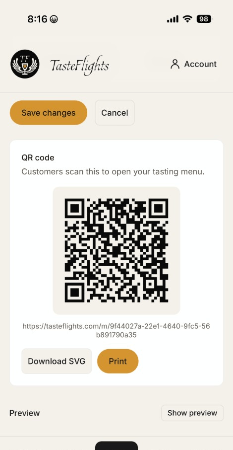 Mobile screen showing a tasting menu QR code with download and print options