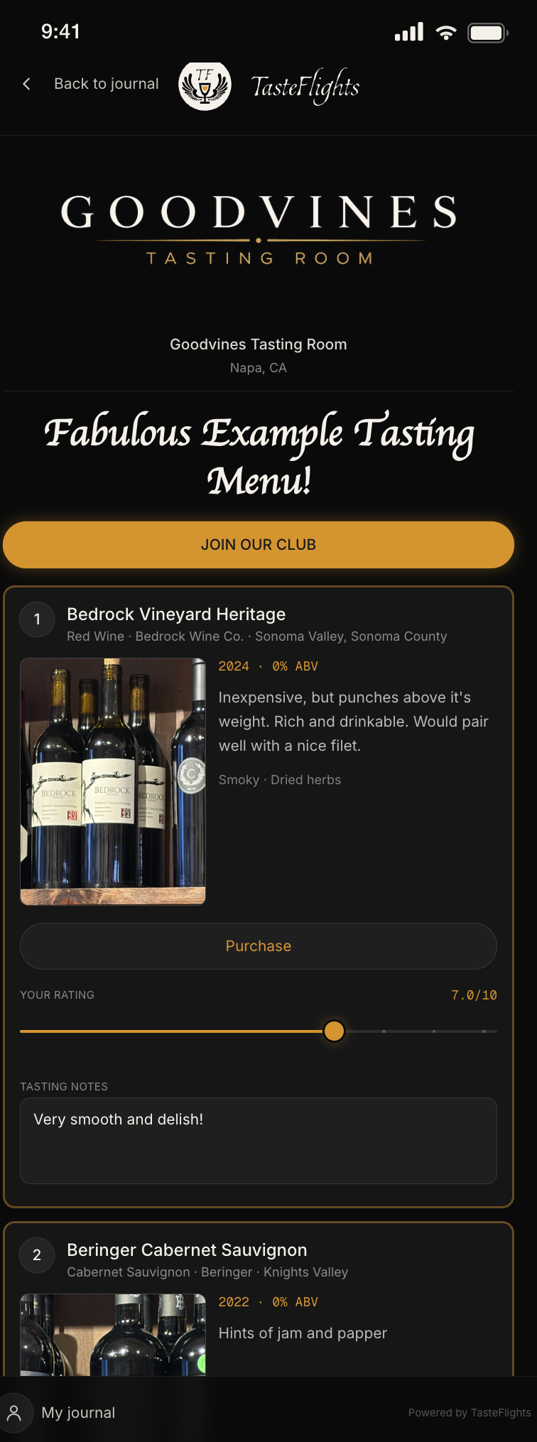 Mobile customer tasting menu with branded header and beverage cards